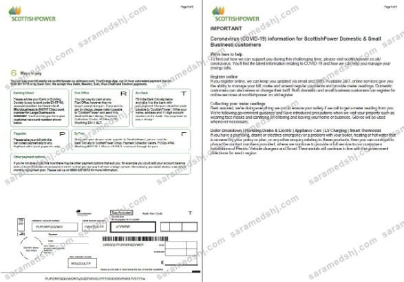 Scotland Scottish Power utility bill template in Word and PDF formats, 6 pages, 5-6 pages